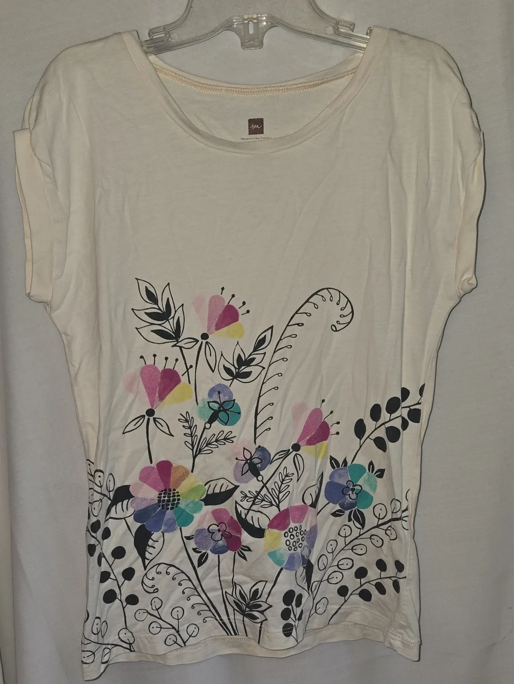 Tea Collection Cream Short Sleeve Tee with Multicolor Floral Print